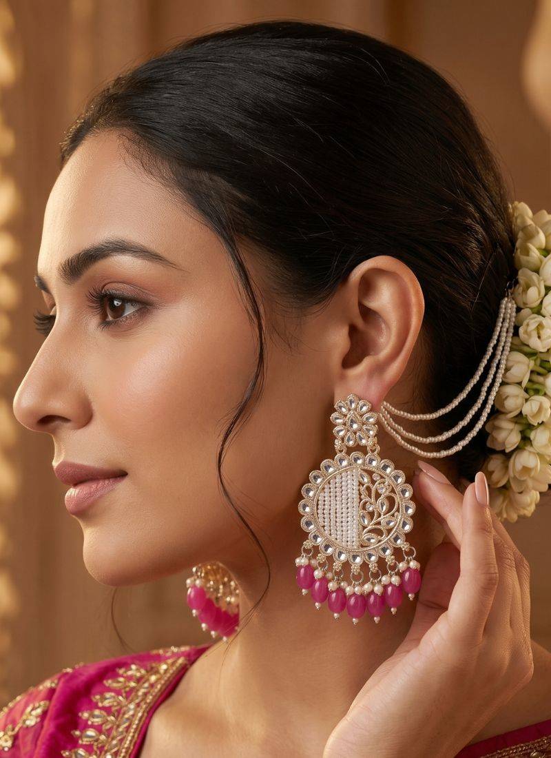   Fashionable Pearl Rani Colour Chandabali Earrings
