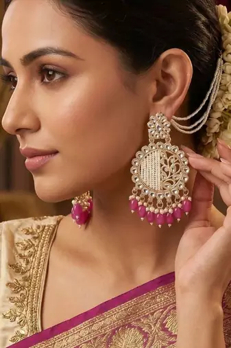   Fashionable Pearl Rani Colour Chandabali Earrings