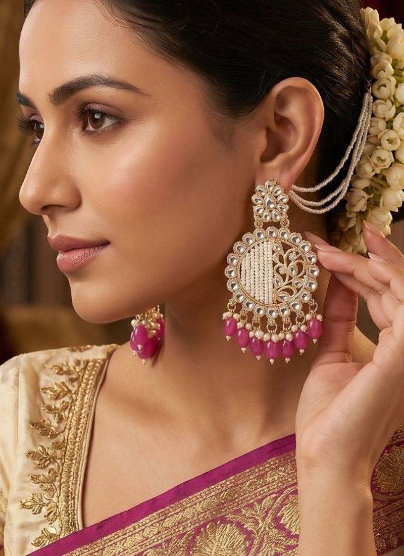   Fashionable Pearl Rani Colour Chandabali Earrings