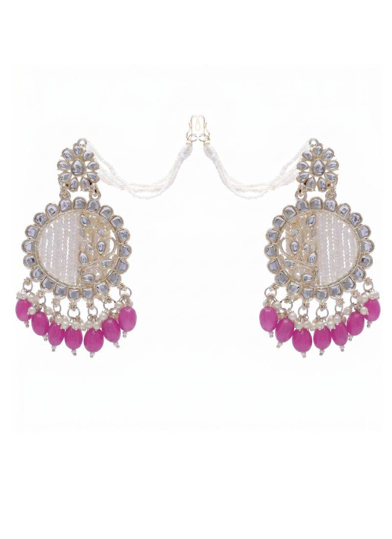   Fashionable Pearl Rani Colour Chandabali Earrings