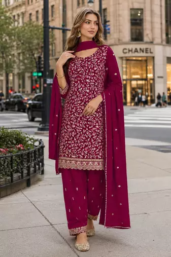 Maroon fox georgette semi stitched suit with embroidery & coding work