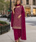 Maroon fox georgette semi stitched suit with embroidery & coding work
