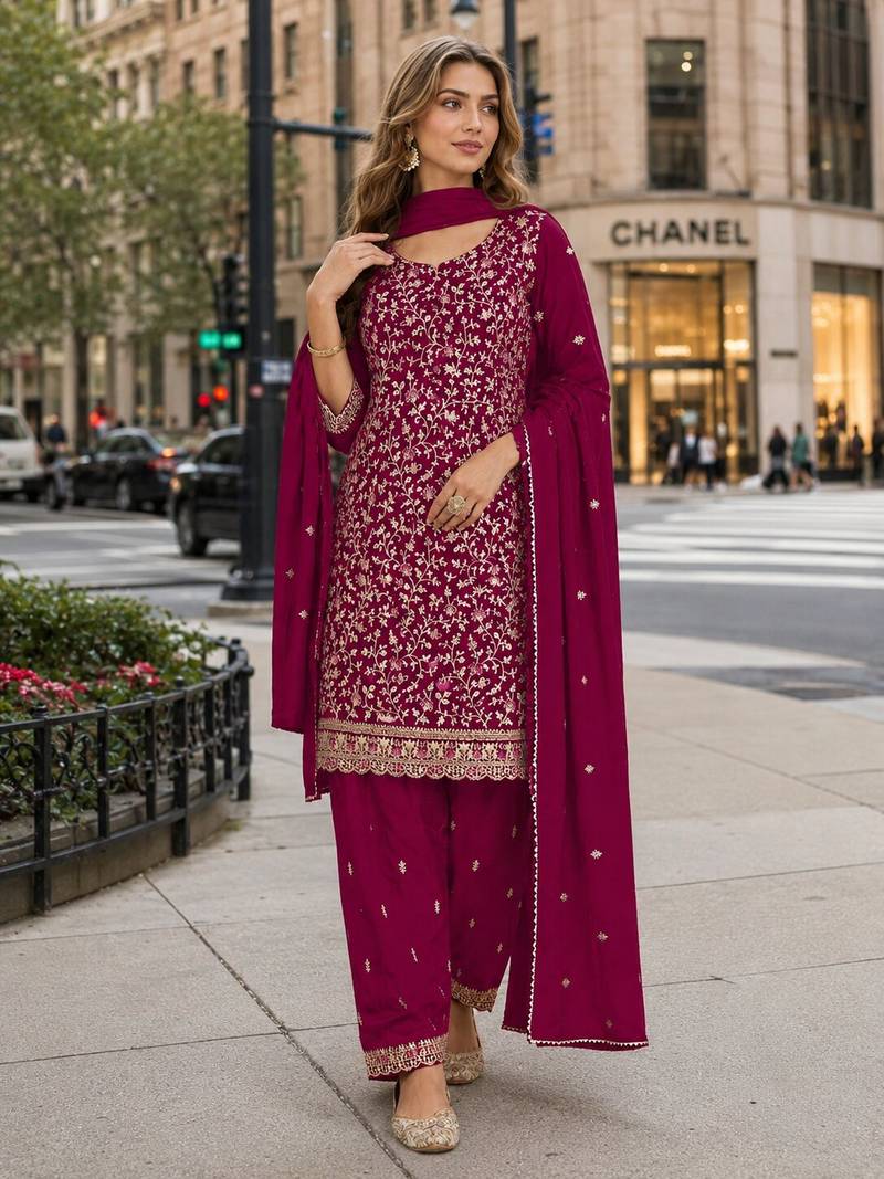 Maroon fox georgette semi stitched suit with embroidery & coding work