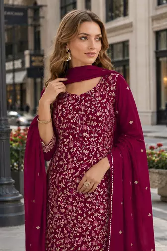 Maroon fox georgette semi stitched suit with embroidery & coding work