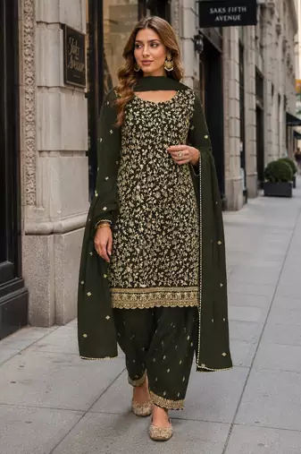 Mehendi fox georgette semi stitched suit with embroidery & coding work