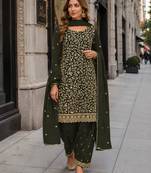 Mehendi fox georgette semi stitched suit with embroidery & coding work