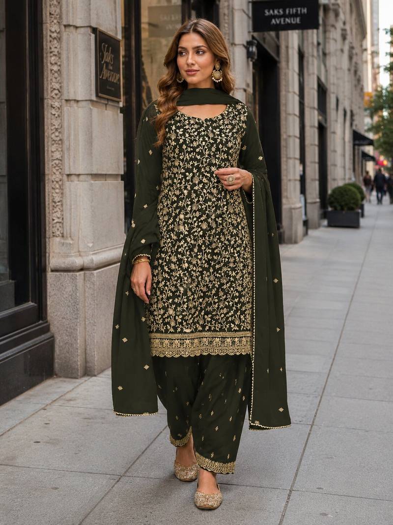 Mehendi fox georgette semi stitched suit with embroidery & coding work