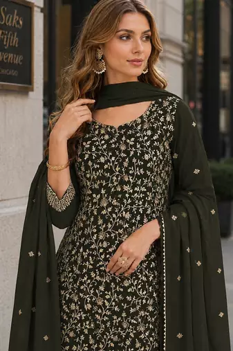 Mehendi fox georgette semi stitched suit with embroidery & coding work