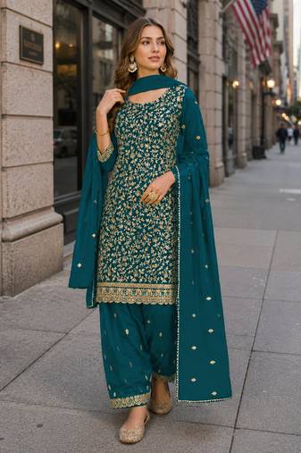 Blue fox georgette suit with embroidery & coding work