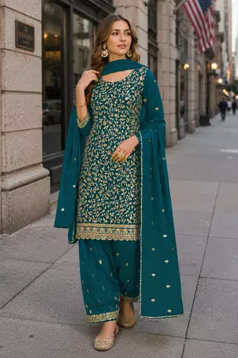 Blue fox georgette semi stitched suit with embroidery & coding work