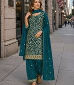 Blue fox georgette semi stitched suit with embroidery & coding work