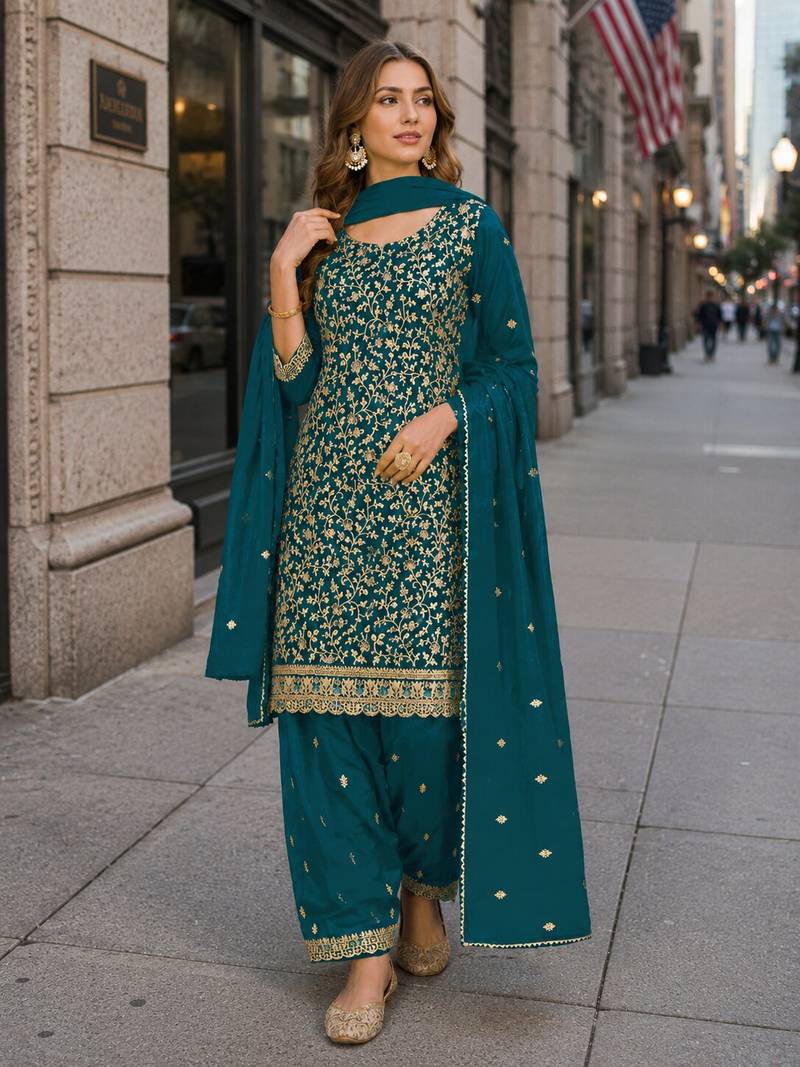Blue fox georgette semi stitched suit with embroidery & coding work