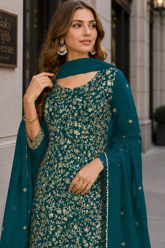 Blue fox georgette semi stitched suit with embroidery & coding work