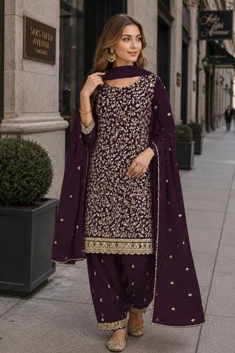 Purple fox georgette suit with embroidery & coding work
