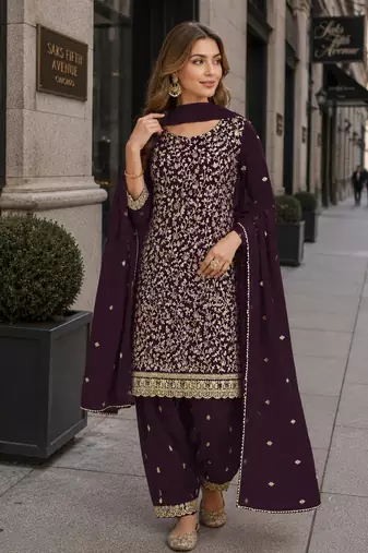 Purple fox georgette semi stitched suit with embroidery & coding work