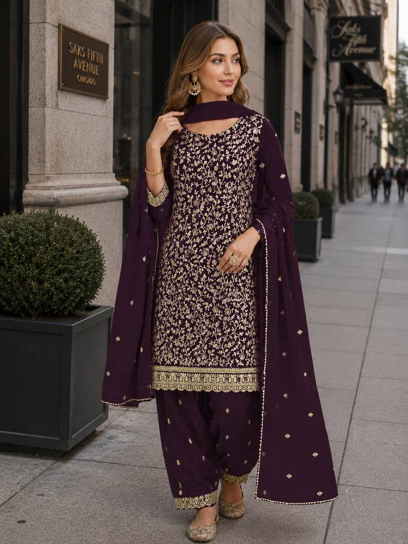 Purple fox georgette semi stitched suit with embroidery & coding work