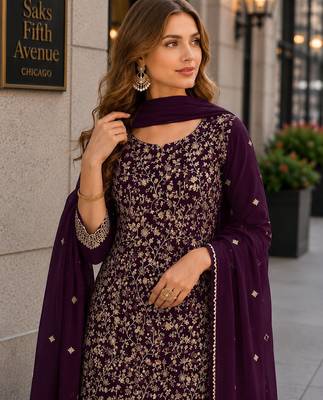 Purple fox georgette suit with embroidery & coding work 2