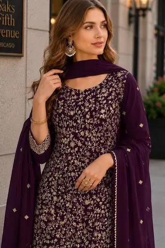 Purple fox georgette semi stitched suit with embroidery & coding work