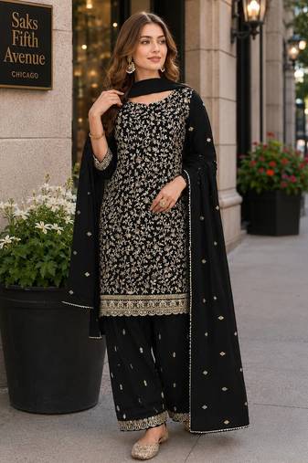 Black fox georgette suit with embroidery & coding work