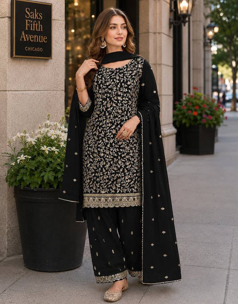 Black fox georgette semi stitched suit with embroidery & coding work