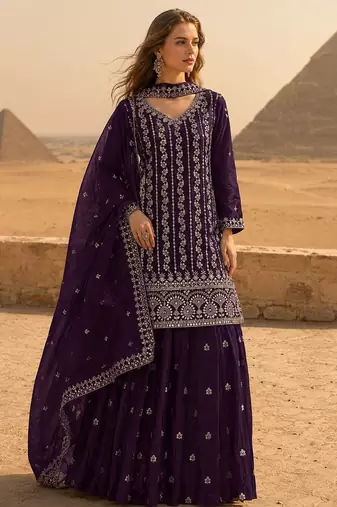 Purple chinon semi stitched suit with embroidery & sequence work