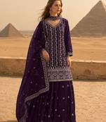 Purple chinon semi stitched suit with embroidery & sequence work