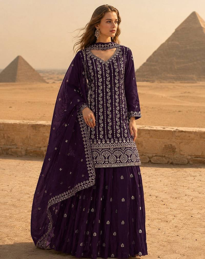 Purple chinon semi stitched suit with embroidery & sequence work