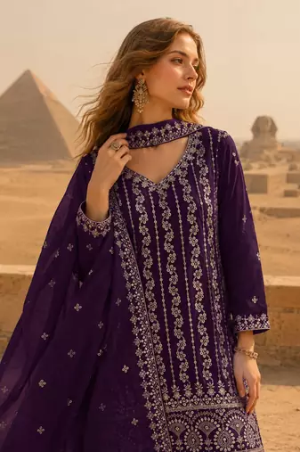 Purple chinon semi stitched suit with embroidery & sequence work