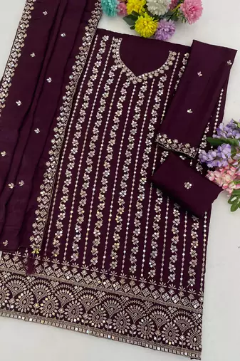 Purple chinon semi stitched suit with embroidery & sequence work