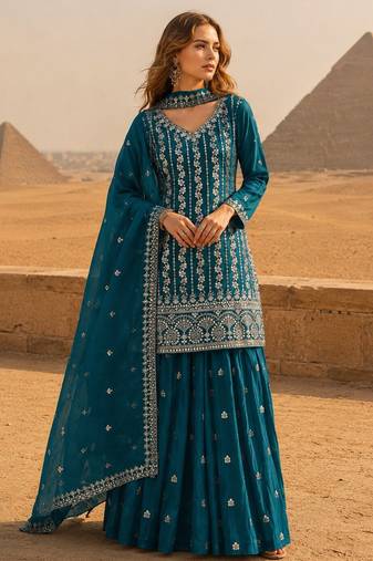 Blue chinon semi stitched suit with embroidery & sequin work