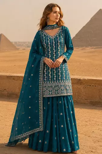 Blue chinon semi stitched suit with embroidery & sequence work