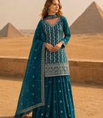 Blue chinon semi stitched suit with embroidery & sequence work