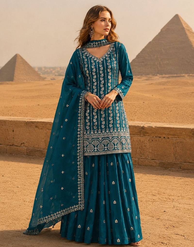 Blue chinon semi stitched suit with embroidery & sequence work
