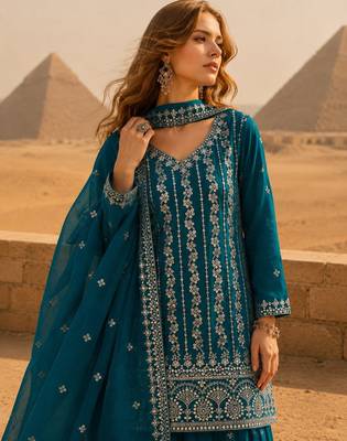 Blue chinon suit with embroidery & sequin work 2