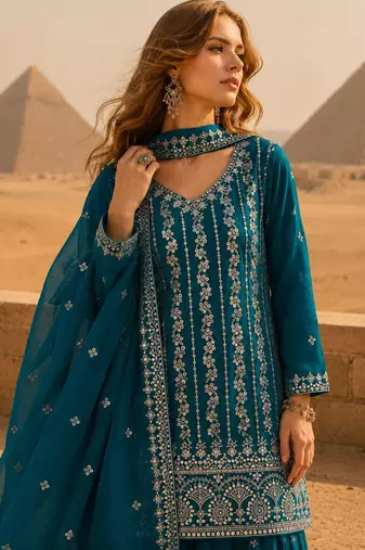 Blue chinon semi stitched suit with embroidery & sequence work