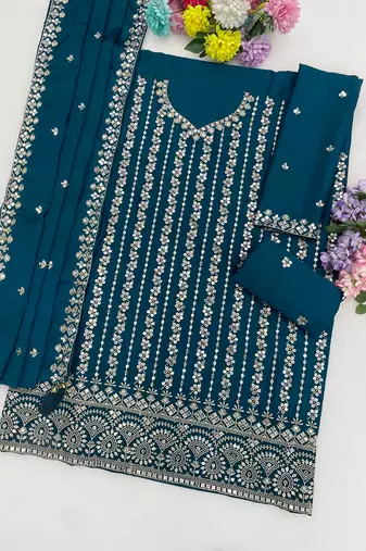 Blue chinon semi stitched suit with embroidery & sequence work