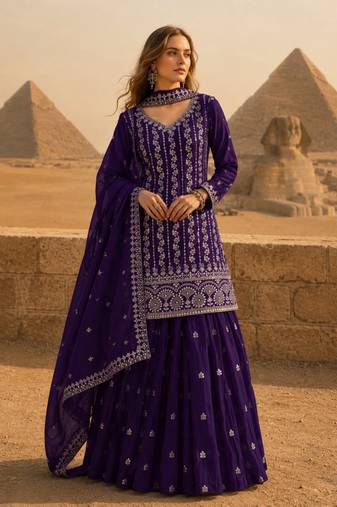 Violet chinon semi stitched suit with embroidery & sequin work