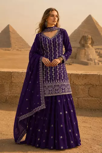 Violet chinon semi stitched suit with embroidery & sequence work