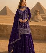 Violet chinon semi stitched suit with embroidery & sequence work