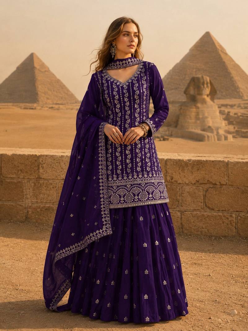 Violet chinon semi stitched suit with embroidery & sequence work