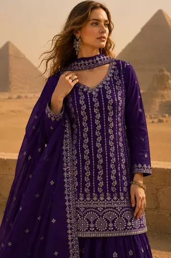 Violet chinon semi stitched suit with embroidery & sequence work