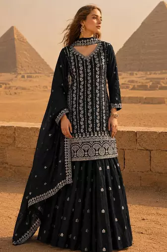 Black chinon semi stitched suit with embroidery & sequence work