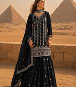 Black chinon semi stitched suit with embroidery & sequence work