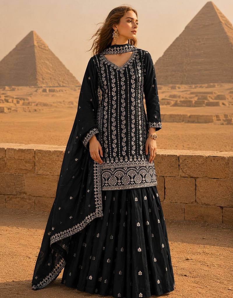 Black chinon semi stitched suit with embroidery & sequence work
