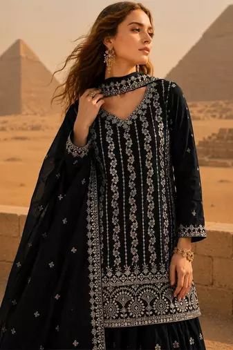 Black chinon semi stitched suit with embroidery & sequence work