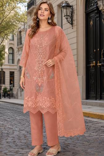 Peach chiffon suit with embroidery thread & khatli work