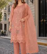 Peach chiffon semi stitched suit with embroidery thread & khatli work