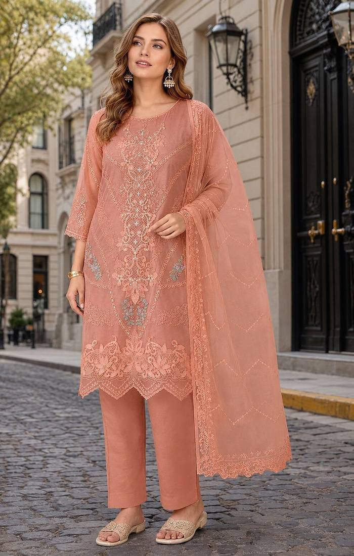 Peach chiffon semi stitched suit with embroidery thread & khatli work
