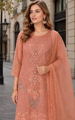 Peach chiffon semi stitched suit with embroidery thread & khatli work 2