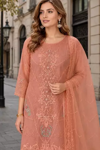 Peach chiffon semi stitched suit with embroidery thread & khatli work